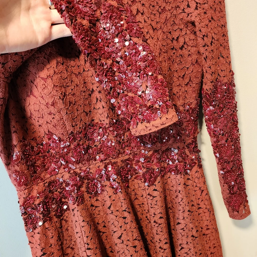 Manishii Rust/Ruby Sequin Embroidered Lace Anarkali Gown Dress Pakistani - Picture 4 of 11